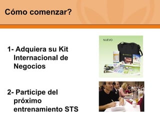 Cómo comenzar? 1- Adquiera su Kit Internacional de Negocios   2- Participe del próximo entrenamiento STS 