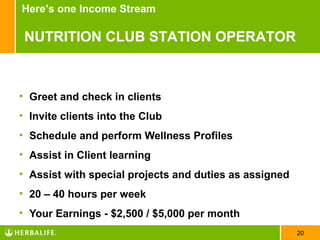 Here’s one Income Stream

 NUTRITION CLUB STATION OPERATOR



• Greet and check in clients
• Invite clients into the Club
• Schedule and perform Wellness Profiles
• Assist in Client learning
• Assist with special projects and duties as assigned
• 20 – 40 hours per week
• Your Earnings - $2,500 / $5,000 per month
                                                        20
 