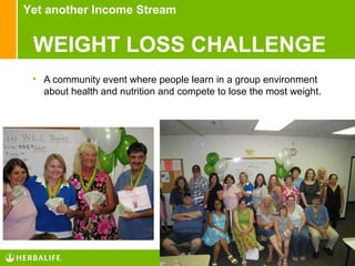 Yet another Income Stream


 WEIGHT LOSS CHALLENGE
 • A community event where people learn in a group environment
   about health and nutrition and compete to lose the most weight.




                                                                     23
 