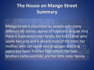The House on Mango StreetSummaryOf the neighborhood children Esperanza meets, there is Cathy, who shows her around Mango Street but moves out shortly thereafter because the neighborhood is "getting bad."