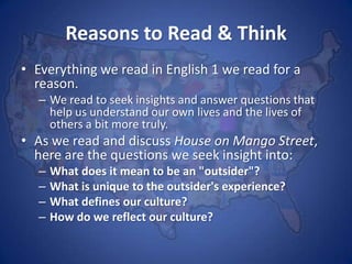 The House on Mango Street:Story of an OutsiderWritten by Sandra Cisneros and first published in 1983, The House on Mango Street is a linked collection of forty-four short tales that evoke the circumstances and conditions of a Hispanic American ghetto in Chicago.