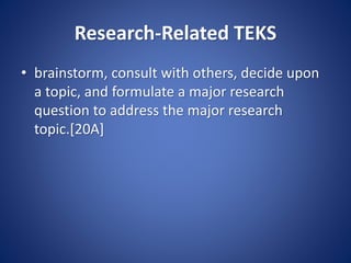 Research-Related TEKS
• brainstorm, consult with others, decide upon
a topic, and formulate a major research
question to address the major research
topic.[20A]
 