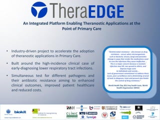 An Integrated Platform Enabling Theranostic Applications at the
                                                   Point of Primary Care



   • Industry-driven project to accelerate the adoption                      “Antimicrobial resistance – also known as drug
                                                                                 resistance – occurs when microorganisms
     of theranostic applications in Primary Care.                              such as bacteria, viruses, fungi and parasites
                                                                            change in ways that render the medications used
                                                                              to cure the infections they cause ineffective …
   • Built around the high-incidence clinical case of                           This is a major concern because a resistant
                                                                               infection may kill, can spread to others, and
     early-diagnosing lower respiratory tract infections.                                     imposes huge costs
                                                                                         to individuals and society ...
                                                                           Lack of government commitment to address these
   • Simultaneous test for different pathogens and                         issues, poor surveillance and a diminishing arsenal
                                                                           of tools to diagnose, treat and prevent also hinder
     their antibiotic resistance aiming to enhanced                                    the control of drug resistance.”

     clinical outcomes, improved patient healthcare                         World Health Day 2011 key health issue, World
                                                                                    Health Organization (WHO)
     and reduced costs.



                                                                                                                           INFORMATION & COMMUNICATION
                                                                                                                                  TECHNOLOGIES




                                                                                                                              EU SEVENTH FRAMEWORK
Contact: fguasch@biokit.com        Contact: ahoms@ibecbarcelona.eu                                                                 PROGRAMME
 