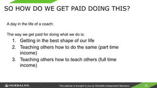 25
25
SO HOW DO WE GET PAID DOING THIS?
A day in the life of a coach:
The way we get paid for doing what we do is:
1. Getting in the best shape of our life
2. Teaching others how to do the same (part time
income)
3. Teaching others how to teach others (full time
income)
This webinar is brought to you by Herbalife Independent Members
 