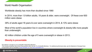 6
World Health Organisation:
•
Worldwide obesity has more than doubled since 1980
•
In 2014, more than 1.9 billion adults, 18 years & older, were overweight. Of these over 600
million were obese
•
39% of adults aged 18 years & over were overweight in 2014, & 13% were obese
•
Most of the world’s population live in countries where overweight & obesity kills more people
than underweight.
•
42 million children under the age of 5 were overweight or obese in 2013.
•
Obesity is preventable
This webinar is brought to you by Herbalife Independent Members
“The incomes presented may involve those persons within the top 1% of Herbalife Members. For additional performance date, see the Statement of Average Gross
Compensation paid by Herbalife at www.Herbalife.com and www.myherbalife.com
 