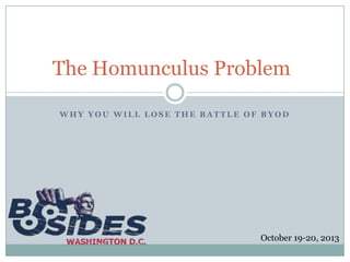 The Homunculus Problem
WHY YOU WILL LOSE THE BATTLE OF BYOD

October 19-20, 2013

 