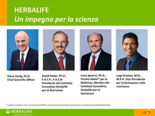HERBALIFE
          Un impegno per la scienza




 Steve Henig, Ph.D.                          David Heber, Ph.D.,                              Louis Ignarro, Ph.D.,                    Luigi Gratton, M.D.,
 Chief Scientific Officer                    F.A.C.P., F.A.C.N.                               Premio Nobel* per la                     M.P.H. Vice Presidente
                                             Presidente del Comitato                          Medicina, Membro del                     per la formazione sulla
                                             Consultivo Herbalife                             Comitato Consultivo                      nutrizione
                                             per la Nutrizione                                Herbalife per la
                                                                                              Nutrizione


* La Nobel Foundation non è associata ad Herbalife e non partecipa alla revisione, approvazione o promozione dei prodotti Herbalife.



                                                                                                                                                            12
 