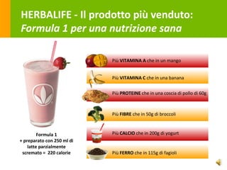 HERBALIFE - Il prodotto più venduto:
Formula 1 per una nutrizione sana

                            Più VITAMINA A che in un mango


                            Più VITAMINA C che in una banana


                            Più PROTEINE che in una coscia di pollo di 60g



                            Più FIBRE che in 50g di broccoli



         Formula 1          Più CALCIO che in 200g di yogurt
+ preparato con 250 ml di
    latte parzialmente
 scremato = 220 calorie     Più FERRO che in 115g di fagioli

                                                                             24
 
