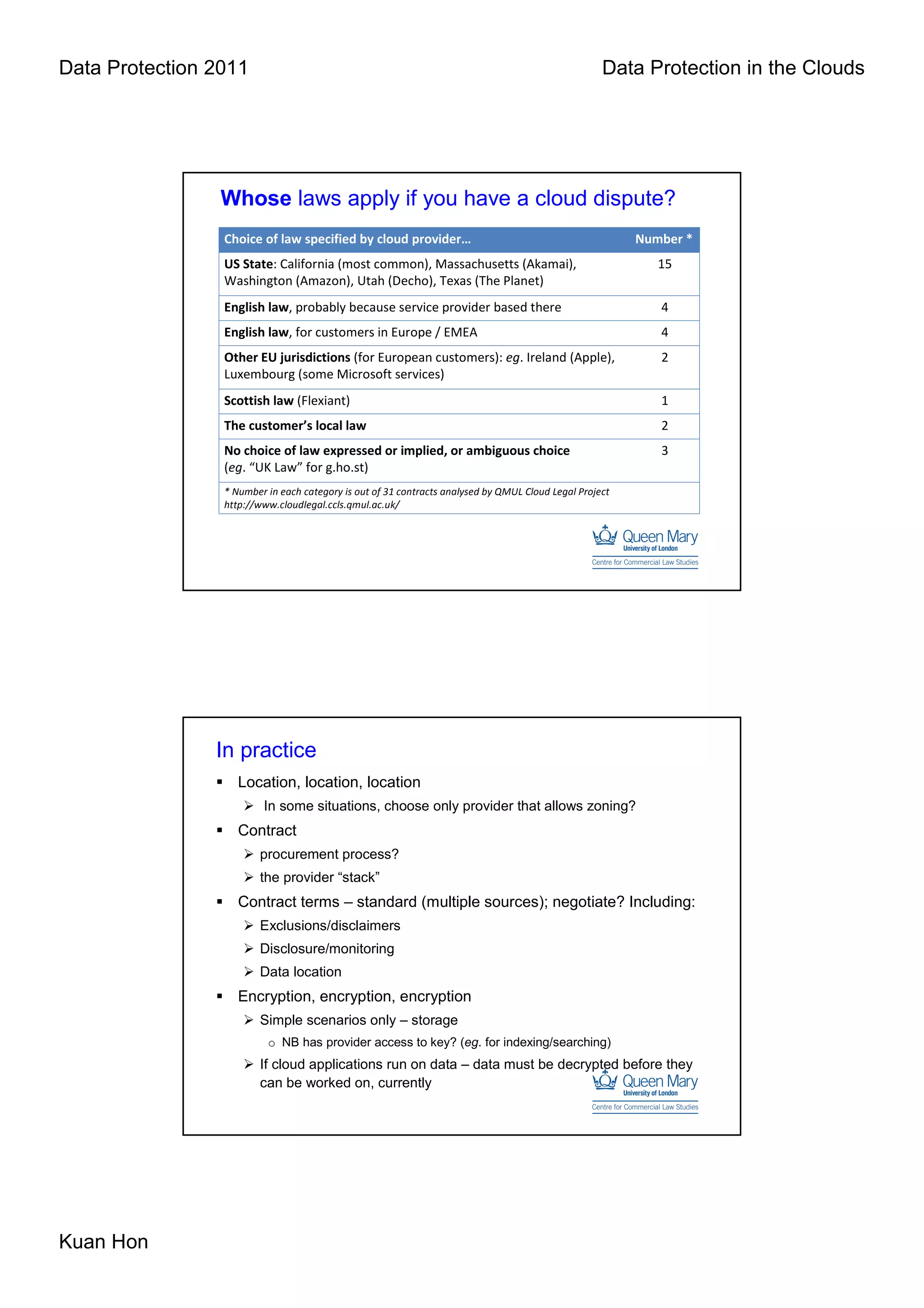 Data Protection 2011                                                                                Data Protection in the Clouds




                 Whose laws apply if you have a cloud dispute?
                 Choice of law specified by cloud provider…                                              Number *
                 US State: California (most common), Massachusetts (Akamai),                                15
                 Washington (Amazon), Utah (Decho), Texas (The Planet)
                 English law, probably because service provider based there                                 4
                 English law, for customers in Europe / EMEA                                                4
                 Other EU jurisdictions (for European customers): eg. Ireland (Apple),                      2
                 Luxembourg (some Microsoft services)
                 Scottish law (Flexiant)                                                                    1
                 The customer’s local law                                                                   2
                 No choice of law expressed or implied, or ambiguous choice                                 3
                 (eg. “UK Law” for g.ho.st)
                 * Number in each category is out of 31 contracts analysed by QMUL Cloud Legal Project
                 http://www.cloudlegal.ccls.qmul.ac.uk/




                In practice
                    Location, location, location
                         In some situations, choose only provider that allows zoning?
                    Contract
                        procurement process?
                        the provider “stack”
                    Contract terms – standard (multiple sources); negotiate? Including:
                        Exclusions/disclaimers
                        Disclosure/monitoring
                        Data location
                    Encryption, encryption, encryption
                        Simple scenarios only – storage
                          o NB has provider access to key? (eg. for indexing/searching)
                        If cloud applications run on data – data must be decrypted before they
                        can be worked on, currently




Kuan Hon
 