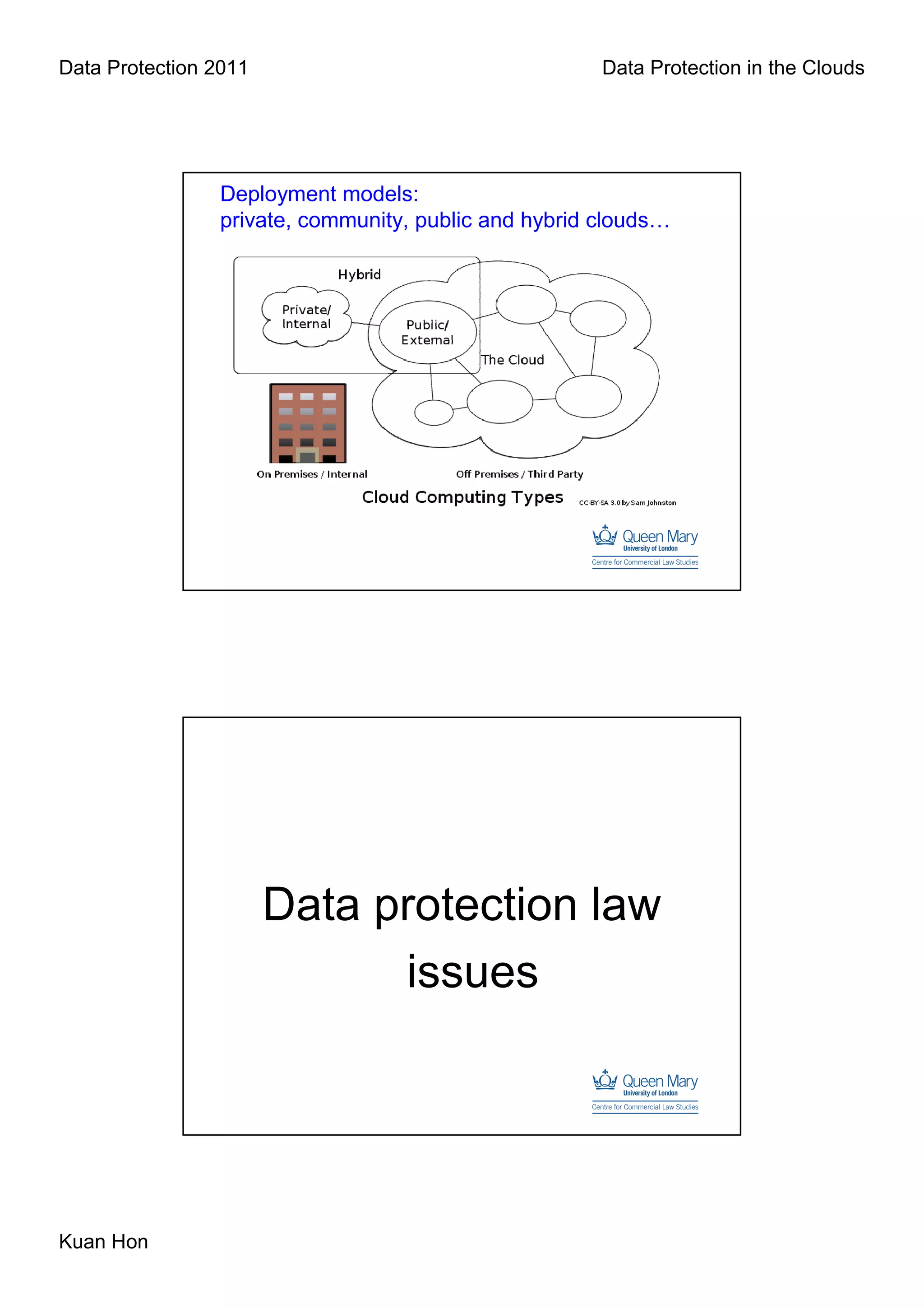 Data Protection 2011                                  Data Protection in the Clouds




                Deployment models:
                private, community, public and hybrid clouds…




                       Data protection law
                             issues




Kuan Hon
 