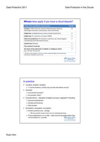 Data Protection 2011                                                                                Data Protection in the Clouds




                 Whose laws apply if you have a cloud dispute?
                 Choice of law specified by cloud provider…                                              Number *
                 US State: California (most common), Massachusetts (Akamai),                                15
                 Washington (Amazon), Utah (Decho), Texas (The Planet)
                 English law, probably because service provider based there                                 4
                 English law, for customers in Europe / EMEA                                                4
                 Other EU jurisdictions (for European customers): eg. Ireland (Apple),                      2
                 Luxembourg (some Microsoft services)
                 Scottish law (Flexiant)                                                                    1
                 The customer’s local law                                                                   2
                 No choice of law expressed or implied, or ambiguous choice                                 3
                 (eg. “UK Law” for g.ho.st)
                 * Number in each category is out of 31 contracts analysed by QMUL Cloud Legal Project
                 http://www.cloudlegal.ccls.qmul.ac.uk/




                In practice
                    Location, location, location
                         In some situations, choose only provider that allows zoning?
                    Contract
                        procurement process?
                        the provider “stack”
                    Contract terms – standard (multiple sources); negotiate? Including:
                        Exclusions/disclaimers
                        Disclosure/monitoring
                        Data location
                    Encryption, encryption, encryption
                        Simple scenarios only – storage
                          o NB has provider access to key? (eg. for indexing/searching)
                        If cloud applications run on data – data must be decrypted before they
                        can be worked on, currently




Kuan Hon
 