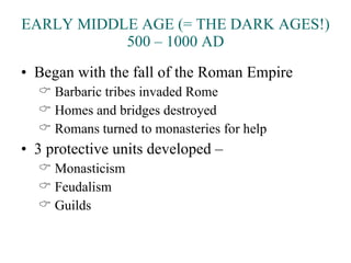 EARLY MIDDLE AGE (= THE DARK AGES!) 500 – 1000 AD Began with the fall of the Roman Empire Barbaric tribes invaded Rome Homes and bridges destroyed Romans turned to monasteries for help 3 protective units developed – Monasticism Feudalism Guilds 