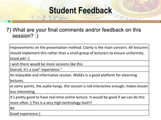 Student Feedback 7) What are your final comments and/or feedback on this session? :) Improvements on the presentation method. Clarity is the main concern. All lecturers should implement this rather than a small group of lecturers to ensure uniformity. Good job! :) i wish there would be more sessions like this Overall, it's a cool" experience." An enjoyable and informative session. WebEx is a good platform for elearning lectures. at some points, the audio hangs. the session is not interactive enough, makes lesson less interesting. It's pretty good to have real-time online lecture. It would be good if we can do this more often :) This is a very high-technology tool!!! Nil Good experience (: 