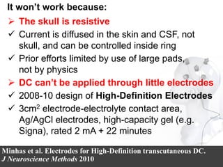It won’t work because:
 The skull is resistive
 Current is diffused in the skin and CSF, not
skull, and can be controlled inside ring
 Prior efforts limited by use of large pads,
not by physics
 DC can’t be applied through little electrodes
 2008-10 design of High-Definition Electrodes
 3cm2 electrode-electrolyte contact area,
Ag/AgCl electrodes, high-capacity gel (e.g.
Signa), rated 2 mA + 22 minutes
Minhas et al. Electrodes for High-Definition transcutaneous DC.
J Neuroscience Methods 2010
 