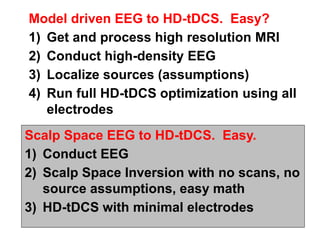 Model driven EEG to HD-tDCS. Easy?
1) Get and process high resolution MRI
2) Conduct high-density EEG
3) Localize sources (assumptions)
4) Run full HD-tDCS optimization using all
electrodes
Scalp Space EEG to HD-tDCS. Easy.
1) Conduct EEG
2) Scalp Space Inversion with no scans, no
source assumptions, easy math
3) HD-tDCS with minimal electrodes
 