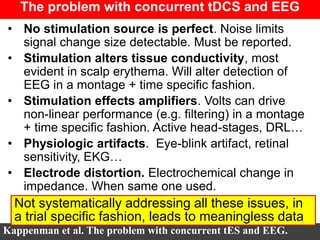 The problem with concurrent tDCS and EEG
Kappenman et al. The problem with concurrent tES and EEG.
• No stimulation source is perfect. Noise limits
signal change size detectable. Must be reported.
• Stimulation alters tissue conductivity, most
evident in scalp erythema. Will alter detection of
EEG in a montage + time specific fashion.
• Stimulation effects amplifiers. Volts can drive
non-linear performance (e.g. filtering) in a montage
+ time specific fashion. Active head-stages, DRL…
• Physiologic artifacts. Eye-blink artifact, retinal
sensitivity, EKG…
• Electrode distortion. Electrochemical change in
impedance. When same one used.
Not systematically addressing all these issues, in
a trial specific fashion, leads to meaningless data
 