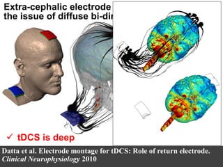 Datta et al. Electrode montage for tDCS: Role of return electrode.
Clinical Neurophysiology 2010
Extra-cephalic electrode won’t solve
the issue of diffuse bi-directional flow
 tDCS is deep
 