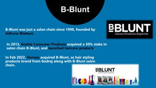 Godrej Consumer Products
launched haircare products
B-Blunt
Adhuna Bhabani.
In Feb 2022, Honasa
 