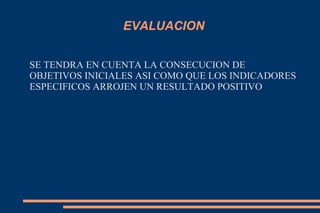 EVALUACION


SE TENDRA EN CUENTA LA CONSECUCION DE
OBJETIVOS INICIALES ASI COMO QUE LOS INDICADORES
ESPECIFICOS ARROJEN UN RESULTADO POSITIVO
 