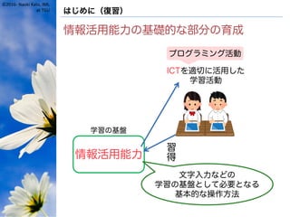 ©2016- Naoki Kato, IML
at TGU はじめに（復習）
情報活用能力の基礎的な部分の育成
情報活用能力
ICTを適切に活用した
学習活動
習
得
学習の基盤
プログラミング活動
文字入力などの
学習の基盤として必要となる
基本的な操作方法
 