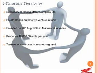 COMPANY OVERVIEW
   Subsidiary of Honda Motor Company Ltd.

   Fourth Honda automotive venture in India.

   Founded o...