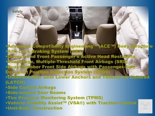 Advanced Compatibility Engineering™ (ACE™) Body Structure  Anti-Lock Braking System (ABS)  Driver's and Front Passenger's Active Head Restraints  Dual-Stage, Multiple-Threshold Front Airbags (SRS)  Dual-Chamber Front Side Airbags with Passenger-Side Occupant Position Detection System (OPDS)  Outboard Rear Seat Lower Anchors and Tethers for Children (LATCH)  Side Curtain Airbags  Side-Impact Door Beams  Tire Pressure Monitoring System (TPMS)  Vehicle Stability Assist™ (VSA®) with Traction Control  Unit-Body Construction  