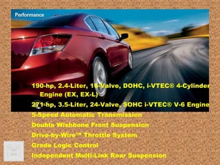 190-hp, 2.4-Liter, 16-Valve, DOHC, i-VTEC® 4-Cylinder Engine (EX, EX-L)  271-hp, 3.5-Liter, 24-Valve, SOHC i-VTEC® V-6 Engine  5-Speed Automatic Transmission  Double Wishbone Front Suspension  Drive-by-Wire™ Throttle System  Grade Logic Control  Independent Multi-Link Rear Suspension  Variable Cylinder Management™ (VCM®)   