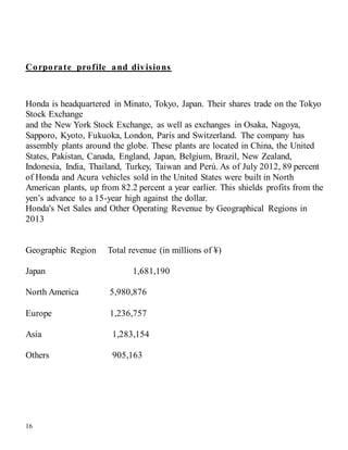 16
Corporate profile and divisions
Honda is headquartered in Minato, Tokyo, Japan. Their shares trade on the Tokyo
Stock Exchange
and the New York Stock Exchange, as well as exchanges in Osaka, Nagoya,
Sapporo, Kyoto, Fukuoka, London, Paris and Switzerland. The company has
assembly plants around the globe. These plants are located in China, the United
States, Pakistan, Canada, England, Japan, Belgium, Brazil, New Zealand,
Indonesia, India, Thailand, Turkey, Taiwan and Perú. As of July 2012, 89 percent
of Honda and Acura vehicles sold in the United States were built in North
American plants, up from 82.2 percent a year earlier. This shields profits from the
yen’s advance to a 15-year high against the dollar.
Honda's Net Sales and Other Operating Revenue by Geographical Regions in
2013
Geographic Region Total revenue (in millions of ¥)
Japan 1,681,190
North America 5,980,876
Europe 1,236,757
Asia 1,283,154
Others 905,163
 