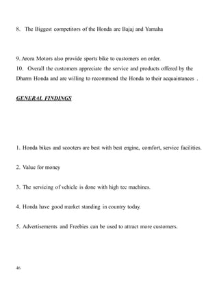 46
8. The Biggest competitors of the Honda are Bajaj and Yamaha
9. Arora Motors also provide sports bike to customers on order.
10. Overall the customers appreciate the service and products offered by the
Dharm Honda and are willing to recommend the Honda to their acquaintances .
GENERAL FINDINGS
1. Honda bikes and scooters are best with best engine, comfort, service facilities.
2. Value for money
3. The servicing of vehicle is done with high tec machines.
4. Honda have good market standing in country today.
5. Advertisements and Freebies can be used to attract more customers.
 