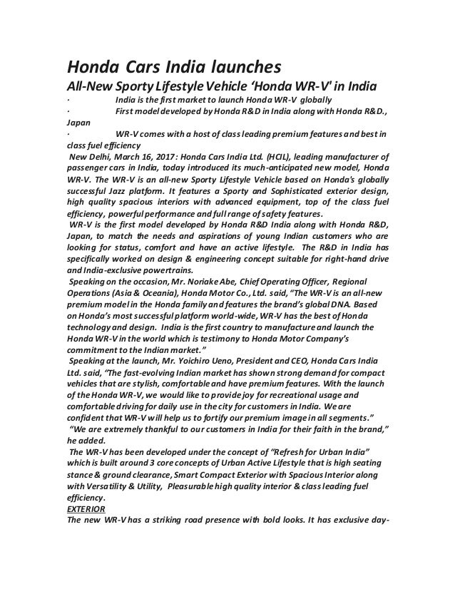New Honda Wr V India Launch Press Release