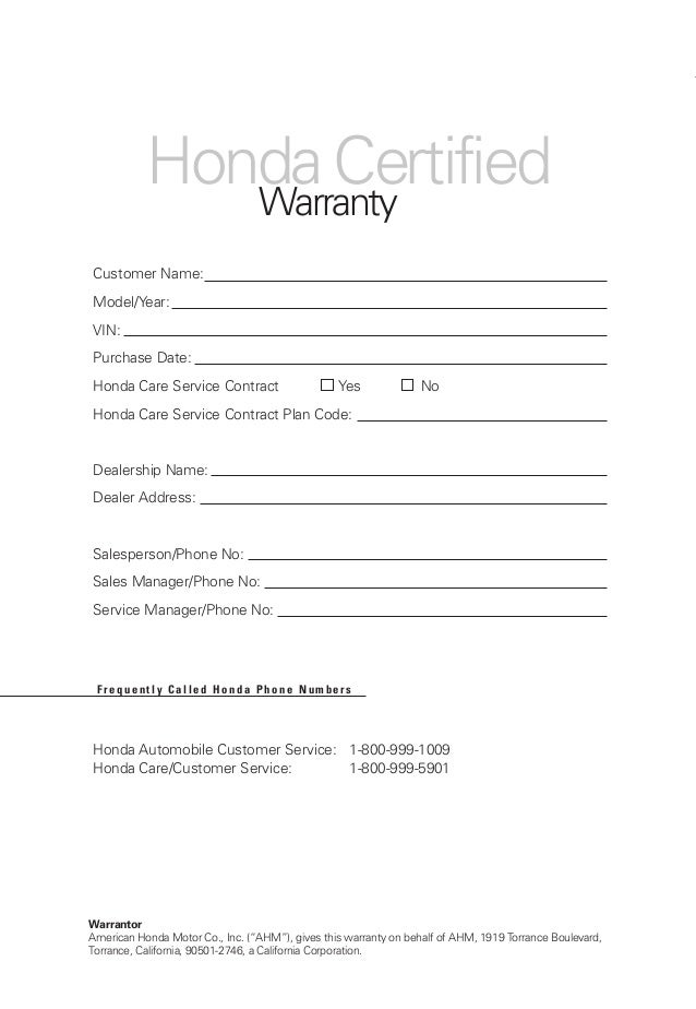 Honda Certified Used Cars Warranty Booklet for El Paso, Las Cruces