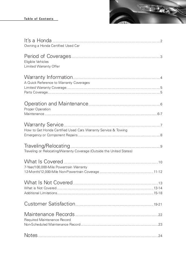 Honda Certified Used Cars Warranty Booklet For Manassas, Chantilly
