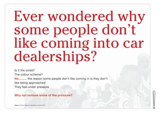 Is it the smell?
The colour scheme?
No......... the reason some people don’t like coming in is they don’t
like being approached
They feel under pressure
Why not remove some of the pressure?
Is it the smell?
The colour scheme?
No......... the reason some people don’t like coming in is they don’t
like being approached
They feel under pressssuurrree
Why nnnooottt rreeemmmovvveee sssooomme ooofff the ppprrreeessssssuuuree??
Ever wondered why
some people don’t
like coming into car
dealerships?
Source: Sensory Space car purchase research 2010
 