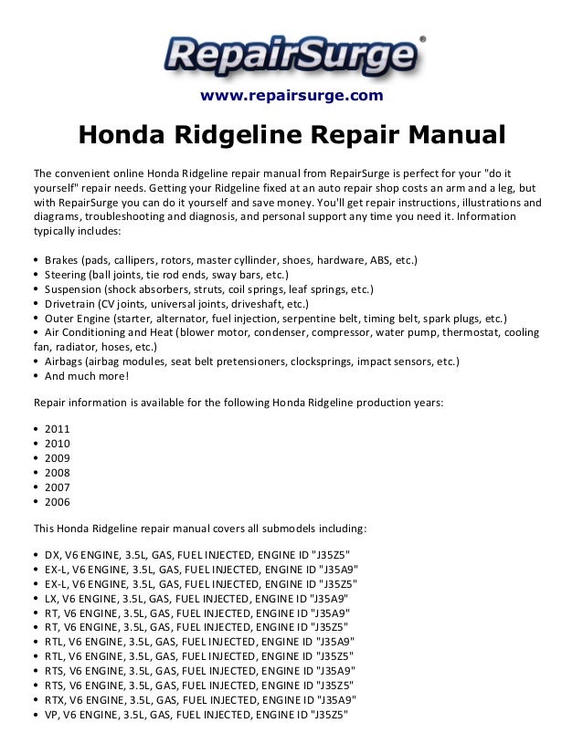 Honda ridgeline repair manual 2006 2011