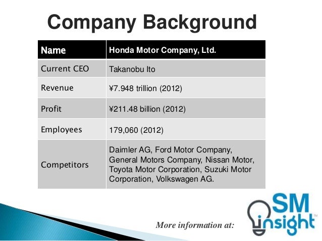 a background information and strategic management of honda motor company ltd Honda motors parent company honda motor company category sedans, hatchbacks, suv's, motorcycles sector automobiles tagline/ slogan the power of dreams. a background information and strategic management of honda motor company ltd Honda motors parent company honda motor company category sedans, hatchbacks, suv's, motorcycles sector automobiles tagline/ slogan the power of dreams.