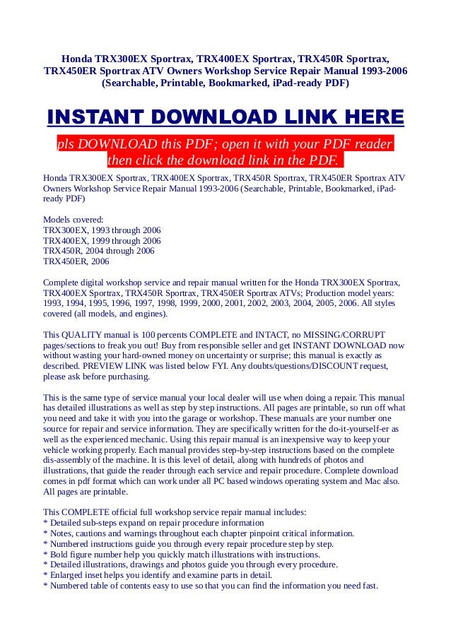 Honda Trx300 Ex Sportrax Trx400ex Sportrax Trx450r Sportrax Trx450