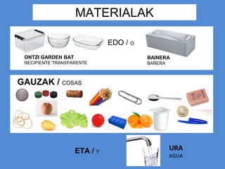 MATERIALAK
BAINERA
BAÑERA
EDO / O
ONTZI GARDEN BAT
RECIPIENTE TRANSPARENTE
ETA / Y
GAUZAK / COSAS
URA
AGUA