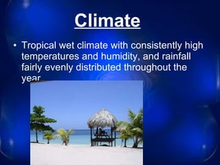 Climate   Tropical wet climate with consistently high temperatures and humidity, and rainfall fairly evenly distributed throughout the year. 