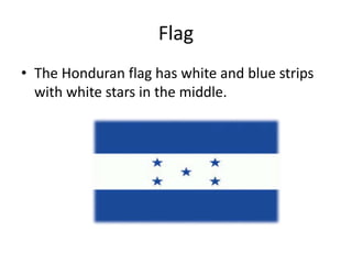 Flag
• The Honduran flag has white and blue strips
with white stars in the middle.
 