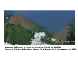 Imagen de sedimentos en el mar aledaño a los delta de los ríos Ulúa y
Tinto en el Atlántico de Honduras (Google Earth, Imagen de 12 de septiembre del 2010)
 