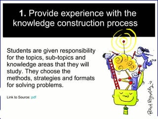 1.  Provide experience with the knowledge construction process .  Students are given responsibility for the topics, sub-topics and knowledge areas that they will study. They choose the methods, strategies and formats for solving problems. Link to Source:  pdf 
