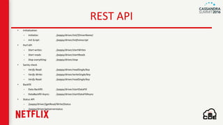REST API
• Initialization
- Initialize: /pappy/driver/init/{DriverName}
- Init Script: /pappy/driver/initfromscript
• Perf API
- Start writes: /pappy/driver/startWrites
- Start reads: /pappy/driver/startReads
- Stop everything: /pappy/driver/stop
• Sanity check
- Verify Read: /pappy/driver/readSingle/key
- Verify Write: /pappy/driver/writeSingle/key
- Verify Read: /pappy/driver/readSingle/key
• Backfill
- Data Backfill: /pappy/driver/startDataFill
- DataBackfill Async: /pappy/driver/startDataFillAsync
• Status API
- /pappy/driver/{getRead/Write}Status
- /pappy/driver/getserverstatus
 