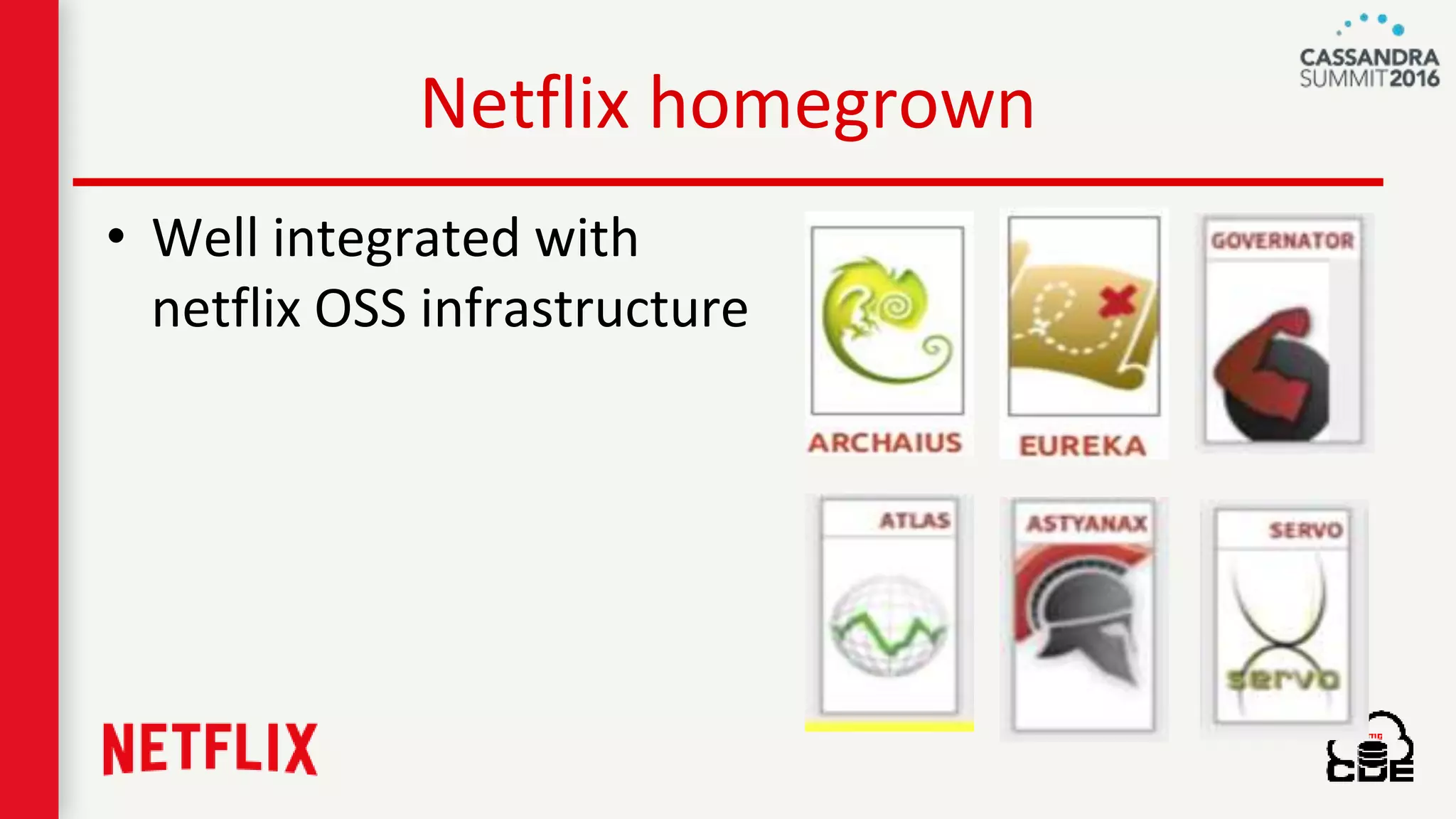 Netflix homegrown
• Well integrated with
netflix OSS infrastructure
 