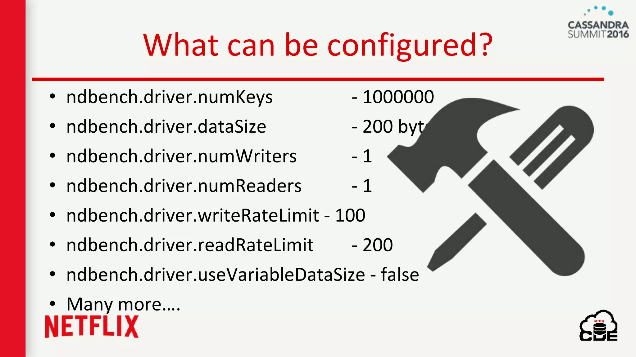 What can be configured?
• ndbench.driver.numKeys - 1000000
• ndbench.driver.dataSize - 200 bytes
• ndbench.driver.numWriters - 1
• ndbench.driver.numReaders - 1
• ndbench.driver.writeRateLimit - 100
• ndbench.driver.readRateLimit - 200
• ndbench.driver.useVariableDataSize - false
• Many more….
 