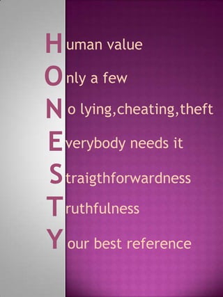 HONESTY umanvalue nly a few olying,cheating,theft verybodyneedsit traigthforwardness ruthfulness ourbestreference 