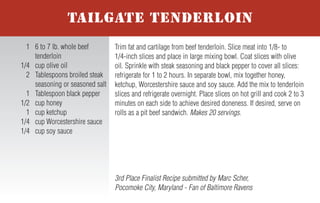 For more honey recipes, visit www.honey.com.
To prepare burgers, divide the meat into 4 equal portions and shape into
patties. Combine the salt, pepper and Creole or Cajun seasoning; sprinkle
the mixture evenly over the 4 patties. Grill the burgers until nearly cooked
to desired level. Top each patty with a chili pepper, followed by a slice of
cheese. Cover the grill and cook burgers until cheese melts and burgers
are cooked to desired level. Spread the Smoking Chipotle Honey Sauce
evenly on each of the four buns. Serve patties on buns and garnish with
lettuce, tomato and red onion. Makes 4 servings.
Smoking Chipotle Honey Sauce – Combine 1 canned chipotle
pepper in adobo sauce sliced, 1/3 cup honey, 2 Tablespoons mayonnaise,
2 Tablespoons ketchup and 1 Tablespoon yellow mustard.
2nd Place Finalist Recipe submitted by Kim Frantz, Denver, Colorado
Fan of Denver Broncos
1 lb. ground beef or
ground buffalo
1/2 teaspoon salt
1/2 teaspoon pepper
1 teaspoon Creole or
Cajun seasoning
4 roasted Anaheim chili
peppers, fresh or canned
4 slices (1 oz.) Pepper
Jack cheese
4 hamburger buns
Smoking Chipotle Honey
Sauce (recipe follows)
4 lettuce leaves
4 slices tomato
4 slices red onion
NHB 7-05
BLAZING BRONCO BURGERS WITH
SMOKING CHIPOTLE HONEY SAUCE
In small bowl, whisk together water and cornstarch; set aside.
Lightly spray the bottom of a medium saucepan with non-stick cooking
spray. Over medium heat, sauté garlic, green onion and chopped jala-
peño for 2 to 3 minutes until softened. Add honey, raspberry preserves,
ketchup and hot sauce; stir. Cook for 1 to 3 additional minutes. Whisk
in water/cornstarch mixture and continue to cook until sauce thickens,
about 3 minutes. Remove from heat and allow sauce to cool slightly.
Makes 2 cups.
Tip: Howlin’ Honey-Berry BBQ Sauce may be used on chicken, ribs or
pork chops. Always add honey sauces to meat during last minutes of
grilling to avoid caramelization and burning.
Recipe Submitted by Shannon Kohn, Simpsonville, South Carolina
Fan of Carolina Panthers
1 cup water
4 teaspoons cornstarch
Nonstick cooking spray
1 teaspoon minced garlic
6 Tablespoons green
onion, thinly sliced
6 teaspoons chopped and
seeded fresh jalapeno
peppers
2/3 cup honey
4 Tablespoons seedless
red raspberry preserves
1/2 cup ketchup
3 Tablespoons hot sauce
HOWLIN’ HONEY-BERRY
BBQ SAUCE
Slice kielbasa into 1/2-inch medallions; set aside. Chop onion and sauté
in butter until transparent. In large skillet bring 1/2 can beer to a slow
boil and add kielbasa. Cook until the beer is reduced by half, then add
the remaining 1/2 can of beer. Add honey, mustard and spices to taste;
cook until sauce thickens. Add onion to sauce or use as garnish.
Makes 4 to 6 servings.
Tip: For stronger flavor, use a darker beer.
Grand Prize Winning Recipe submitted by Kevin Kehler,
Neshanic Station, New Jersey - Fan of Pittsburgh Steelers
1 kielbasa sausage
1 small onion
2 Tablespoons butter
1 can (12 oz.) beer
1/3 cup honey
2 to 3 Tablespoons spicy brown
mustard or Dijon mustard
Pepper and/or chili powder
or favorite spices
SWEET ONION KIELBASA
Mix honey, soy sauce and wasabi together in a bowl. Add tuna steaks
and coat with marinade; refrigerate for 1 hour. Remove steaks and roll in
sesame seeds until coated. Place tuna steaks on hot grill and cook about
1 minute on each side to achieve desired doneness.
Makes 3 servings.
Recipe Submitted by Dan Walborn, Pensacola, Florida
Fan of Indianapolis Colts
1/2 cup honey
1/2 cup soy sauce
1/8 teaspoon wasabi paste
(or to taste)
1/2 cup sesame seeds
3 tuna steaks, 3/4-inch thick
GRILLED AHI TUNA
In a large saucepan, heat oil. Add onions and sauté until tender, about 10
minutes. Add remaining ingredients. Simmer 30 minutes until mixture
thickens. Stir in salt and pepper to taste. Makes 6 to 8 servings.
Recipe Submitted by Catherine Copeland, Rome, Georgia
Fan of Washington Redskins
2 Tablespoons olive oil
2 cups chopped onion
1 can (28 oz.) diced tomatoes
with Italian seasoning
1 can (15 oz.) each of
red kidney beans,
black beans and pinto
beans rinsed and drained
1 can (15 oz.) tomato sauce
1/3 cup honey
1/2 cup mesquite barbecue
sauce
2 Tablespoons instant coffee
granules
1/2 Tablespoon hot sauce
Salt and pepper, to taste
ITALIAN STALLION BBQ BEANS
Trim fat and cartilage from beef tenderloin. Slice meat into 1/8- to
1/4-inch slices and place in large mixing bowl. Coat slices with olive
oil. Sprinkle with steak seasoning and black pepper to cover all slices:
refrigerate for 1 to 2 hours. In separate bowl, mix together honey,
ketchup, Worcestershire sauce and soy sauce. Add the mix to tenderloin
slices and refrigerate overnight. Place slices on hot grill and cook 2 to 3
minutes on each side to achieve desired doneness. If desired, serve on
rolls as a pit beef sandwich. Makes 20 servings.
3rd Place Finalist Recipe submitted by Marc Scher,
Pocomoke City, Maryland - Fan of Baltimore Ravens
1 6 to 7 lb. whole beef
tenderloin
1/4 cup olive oil
2 Tablespoons broiled steak
seasoning or seasoned salt
1 Tablespoon black pepper
1/2 cup honey
1 cup ketchup
1/4 cup Worcestershire sauce
1/4 cup soy sauce
TAILGATE TENDERLOIN
 