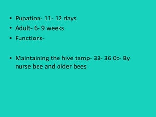 • Pupation- 11- 12 days
• Adult- 6- 9 weeks
• Functions-
• Maintaining the hive temp- 33- 36 0c- By
nurse bee and older bees
 