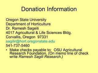 Donation Information Oregon State University  Department of Horticulture Dr. Ramesh Sageili  4017 Agricultural & Life Sciences Bldg. Corvallis, Oregon  97331 [email_address] 541-737-5460 Make checks payable to:  OSU Agricultural Research Foundation. (On memo line of check write  Ramesh Sagili Research.) 