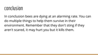 conclusion
In conclusion bees are dying at an alarming rate. You can
do multiple things to help them survive in their
environment. Remember that they don't sting if they
aren't scared, it may hurt you but it kills them.
 