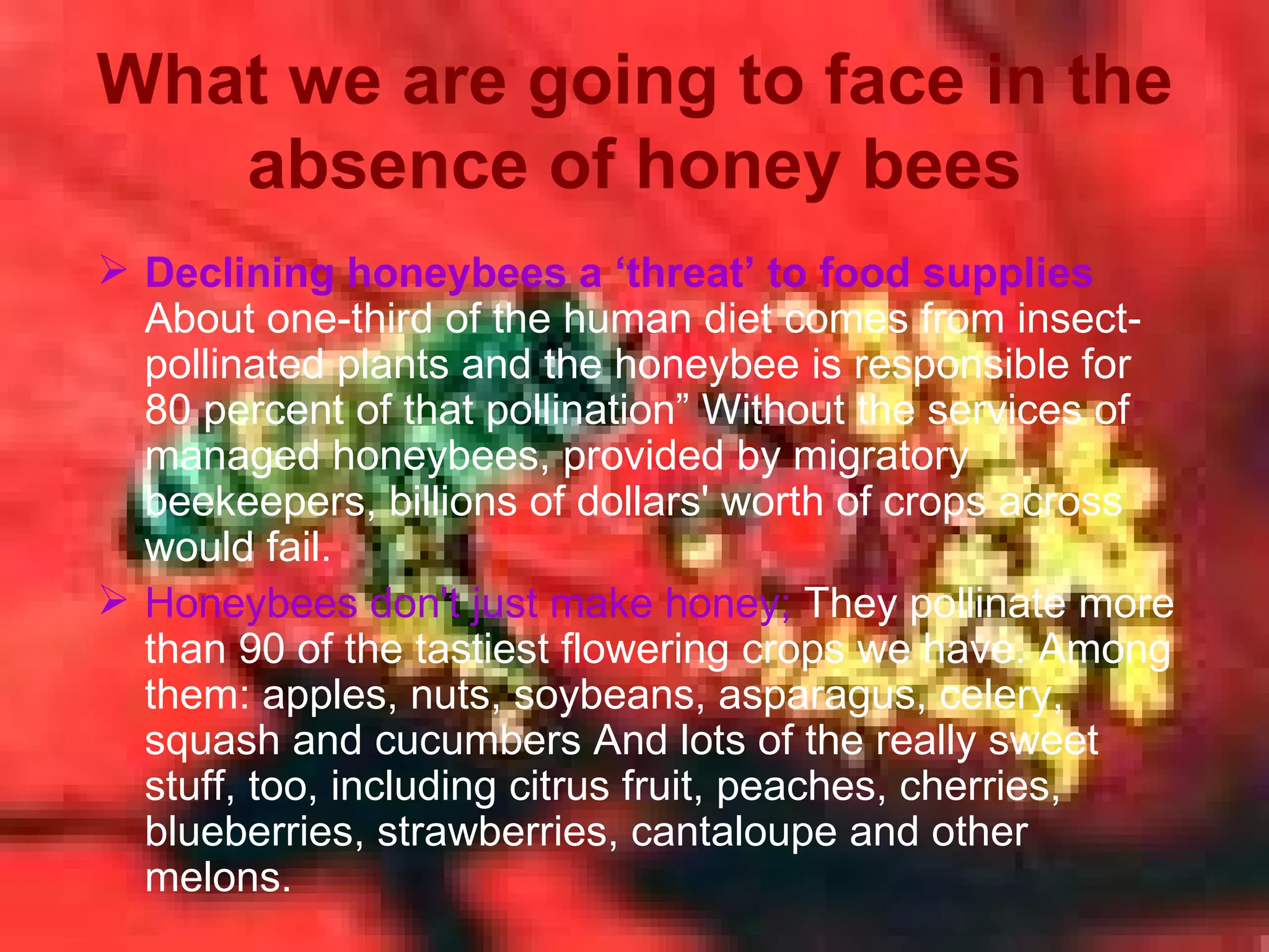 What we are going to face in the absence of honey bees Declining honeybees a ‘threat’ to food supplies  About one-third of the human diet comes from insect-pollinated plants and the honeybee is responsible for 80 percent of that pollination” Without the services of managed honeybees, provided by migratory beekeepers, billions of dollars' worth of crops across would fail.  Honeybees don't just make honey;  They pollinate more than 90 of the tastiest flowering crops we have. Among them: apples, nuts, soybeans, asparagus, celery, squash and cucumbers And lots of the really sweet stuff, too, including citrus fruit, peaches, cherries, blueberries, strawberries, cantaloupe and other melons. 